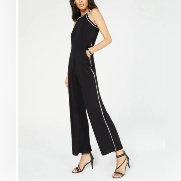 INC Contrast Piping Halter Jumpsuit Black White Stripe Straight Leg Large Chic - Picture 1 of 15